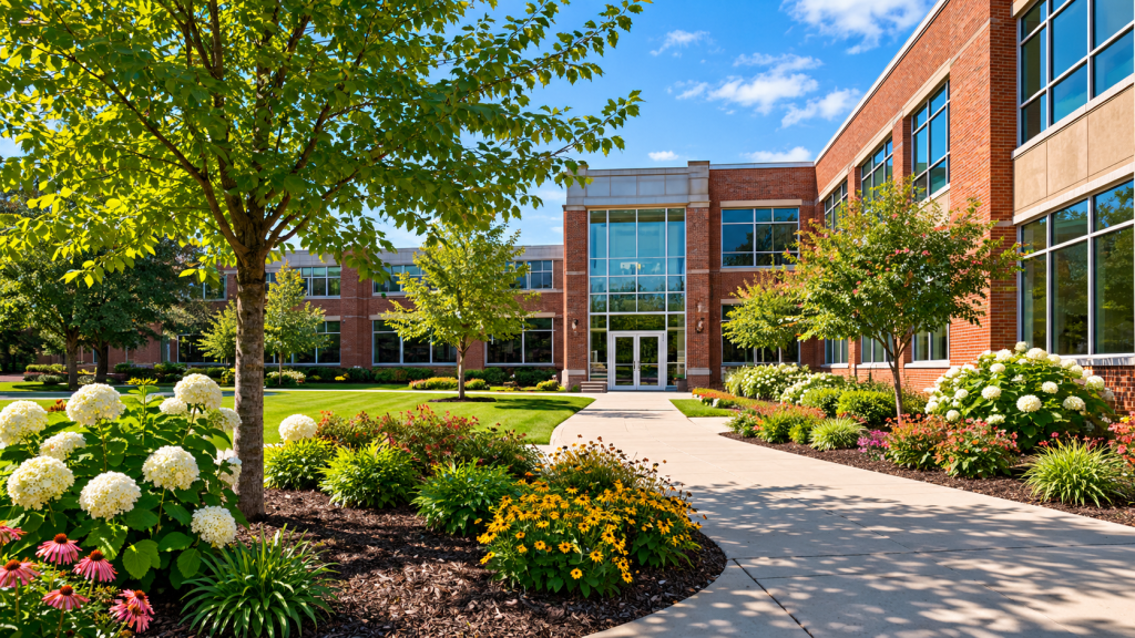 Sunlit Campus Courtyard in Bloom