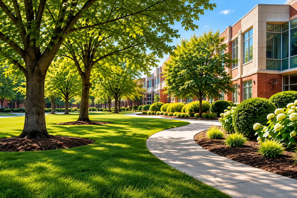 Sunny Campus Walkway and Gardens